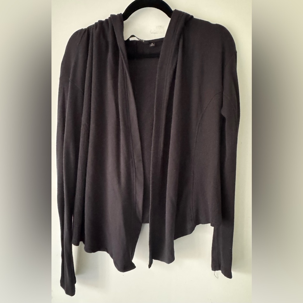 ATHLETA Black Nirvana Long Ribbed Sleeve Open-Front Knit Hoodie Cardigan Small